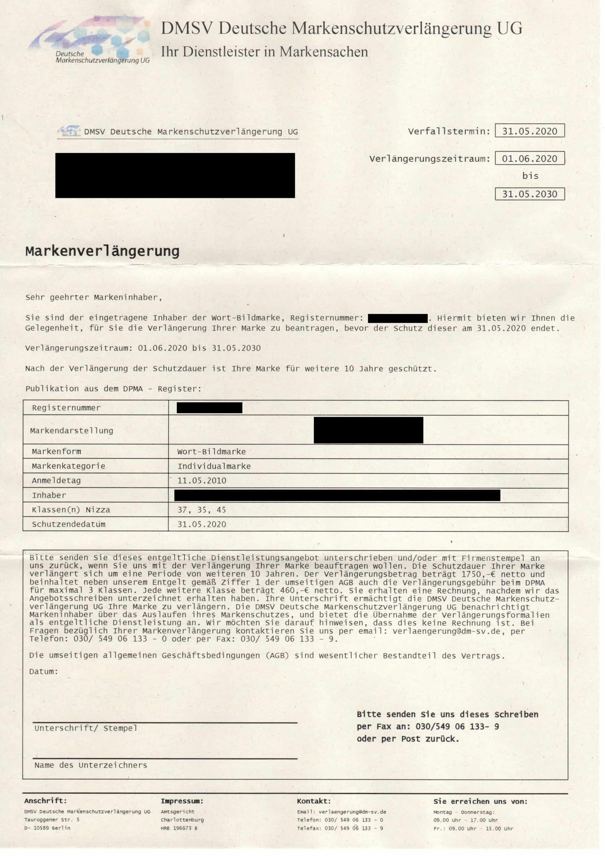 Angebot der DMSV Deutsche Markenschutzverlängerung UG